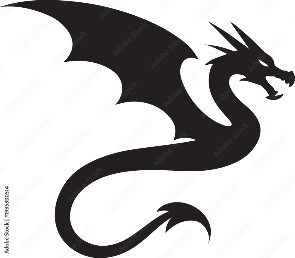 Obraz premium Black Dragon Silhouette Illustration - Stylized Fantasy Creature Vector Icon