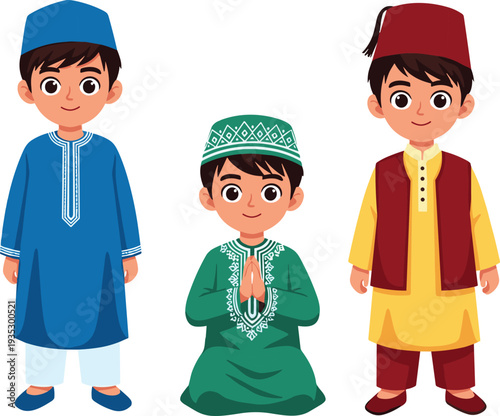 Vector Illustration of Three Muslim Boys Wearing Traditional Islamic Clothes Like Thobe and Fez Hat for Eid Celebration or Ramadan Kareem