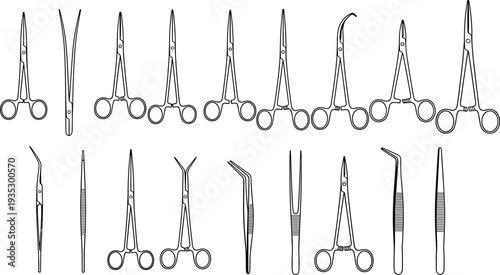 Vector Illustration Set of Surgical Instruments Including Scissors Forceps and Clamps in Thin Line Style for Medical Healthcare and Hospital Design