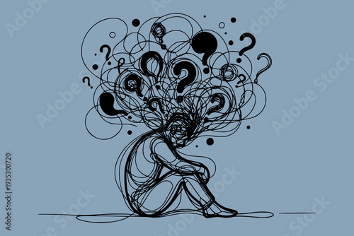 Seated figure with tangled lines and question marks in sketch style on solid background showing concept of confusion. Mental health concept