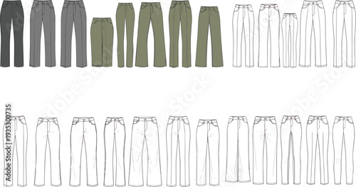 Women pants and trousers fashion technical drawing collection with multiple styles, apparel CAD flat vector illustration design set