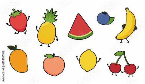 Playful Kawaii Summer Fruit Characters Floating Cute Berry Cartoon Vector Collection