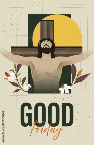 Good Friday Poster Design with Crucified Jesus Christ on Cross and Floral Elements