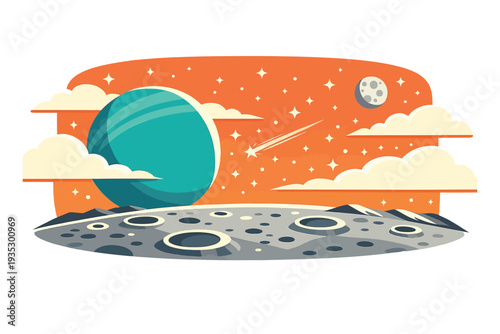 Retro style illustration of a cosmic scene depicting a large planet, moon, and shooting star in a starry sky over a cratered surface for space exploration