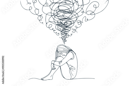 Seated girl shown in minimal line art on white background with swirling thoughts expressing concept of anxiety and emotional struggle. Mental health concept