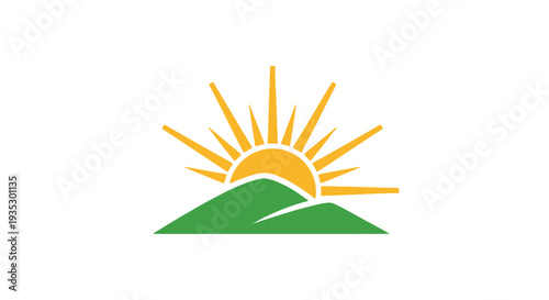 A vibrant illustration of a sunrise over a green hill with a bright yellow sun