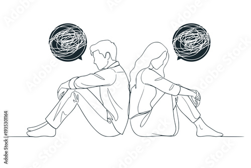Couple sitting back to back with tangled speech bubbles in line art on white background symbolizing relationship conflict. Concept of divorce, misunderstanding in family.