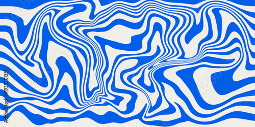 Groovy retro 70s wavy blue background. Abstract psychedelic marble pattern. Summer banner with liquid curved lines waves. Hand drawn fluid uneven striped vector illustration	
