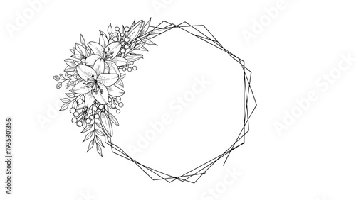 Elegant geometric frame decorated with lilies and berries in a black and white line art style, ideal for sophisticated wedding stationery.