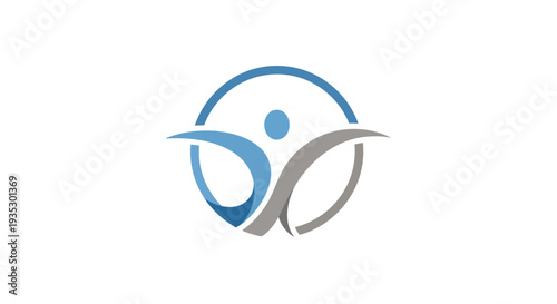 A stylized logo featuring a person in a dynamic pose with curved lines and a circular shape