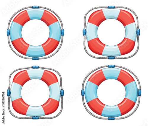 Colorful lifebuoy set featuring round and square red and blue striped life rings for marine safety