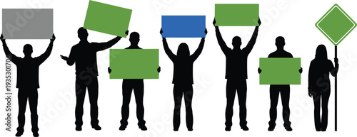Silhouettes of people holding colorful blank signs protest demonstration