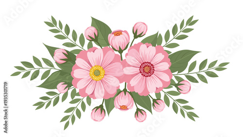 Beautiful floral bouquet with pink zinnias and various green leaves, arranged in a balanced composition for cards and decorative purposes.