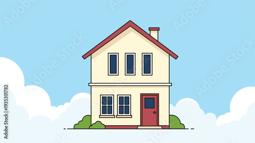 Simple two-story house with a yellow exterior and a red door, set against a blue sky with white clouds in a clean and modern flat style.