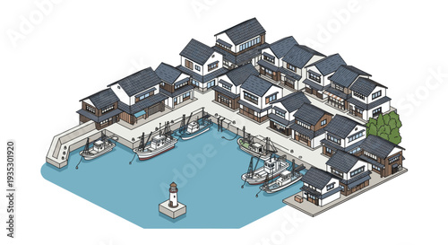 Hand-drawn style isometric illustration of a quaint Japanese fishing village featuring traditional houses, fishing boats in the harbor, and a small lighthouse. Perfect for travel and culture themes.