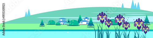 初夏の風景、菖蒲の花と住宅街が広がる緑豊かな丘のフラットイラスト
