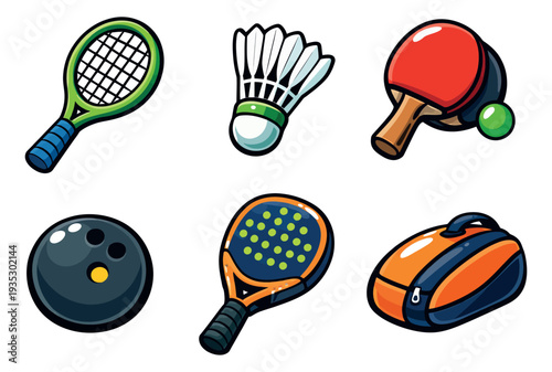 Cartoon style sports equipment set featuring tennis, badminton, table tennis, bowling, and padel gear for recreation and active lifestyle