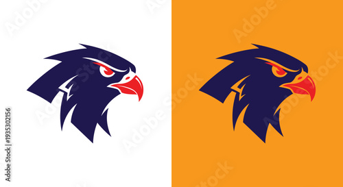 A stylized eagle head logo with a bold design on contrasting white and orange backgrounds.
