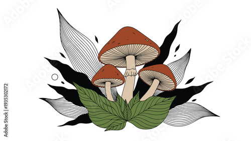 Stylized forest mushrooms with brown caps stand among artistic black and green leaves to create a unique woodland nature composition for prints.