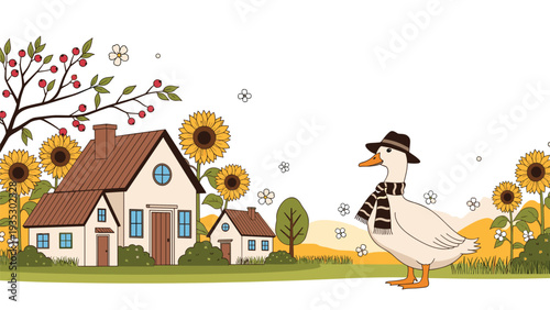 Countryside landscape featuring a cozy house surrounded by tall sunflowers and a cute goose wearing a stylish hat and scarf in a whimsical art style.