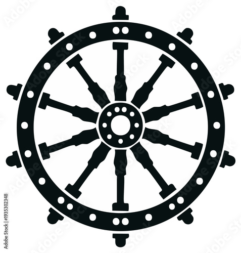 Nautical steering wheel black silhouette vector illustration, seafaring symbol with handles and circle
