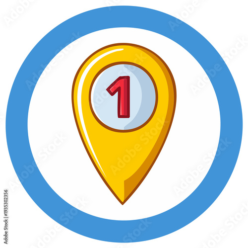 Cartoon Map Pin with Number One Icon for First Place or Location Destination