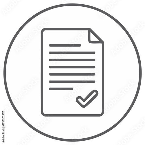 Document with check mark icon inside a grey circle. Approved or confirmed concept.