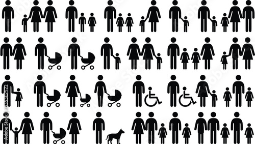 Family people icons silhouette set, parents children couples wheelchair stroller pet symbols isolated on white background vector illustration