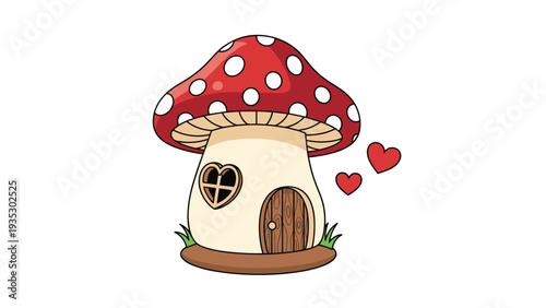 Whimsical mushroom house with a red spotted cap and a heart shaped window features floating red hearts to create a magical fairytale scene.