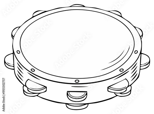 Hand Drawn Tambourine Percussion Instrument Graphic Outline for Coloring Books or Activity Pages