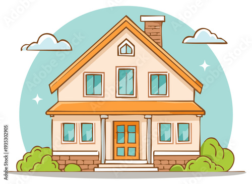Charming Hand Drawn Family House Illustration with Windows Chimney and Green Bushes