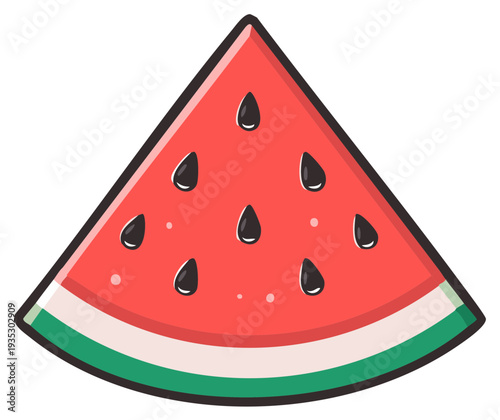 Vivid vector art featuring fresh watermelon wedge with juicy red flesh and black seeds