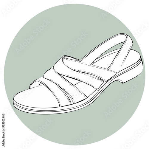 Hand drawn fashion illustration of a comfortable women's summer slingback sandal with straps