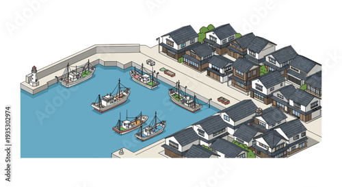 Charming isometric illustration of a coastal fishing village with boats, lighthouse, and traditional houses, perfect for travel, lifestyle, and architectural designs. The harbor glows in soft.