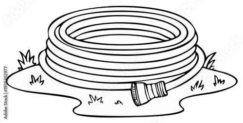 Coiled garden hose with sprinkler head on grass, black and white illustration
