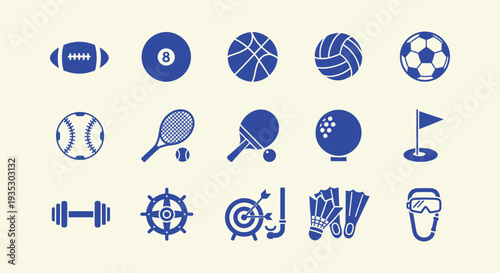 Dynamic Sports Game Activity Icons Vector Collection Set Recreational Fitness Equipment Symbols