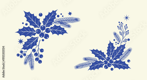 Elegant Blue Christmas Holly Berries Pine Branch Festive Winter Corner Decorations Vector Art