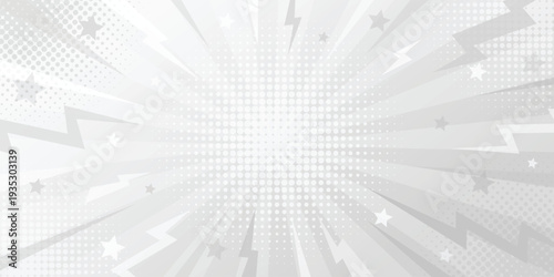 White comic background with thunder flash. Pop art silver halftone burst with lightning and stars. Dynamic zoom line and lighting explosion.