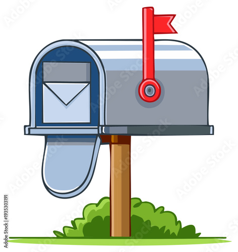 Cartoon Mailbox with Letter and Red Flag on Post with Green Grass