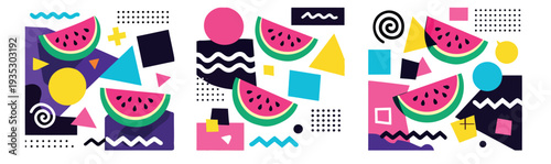 Retro abstract design set featuring watermelon slices and geometric shapes for summer marketing