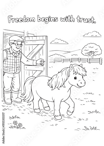 coloring book grandpa walking slowly with his pony along a stony path, taking steady steps