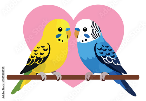 Cute flat design illustration of two budgerigars depicting a loving pair with a heart for romance