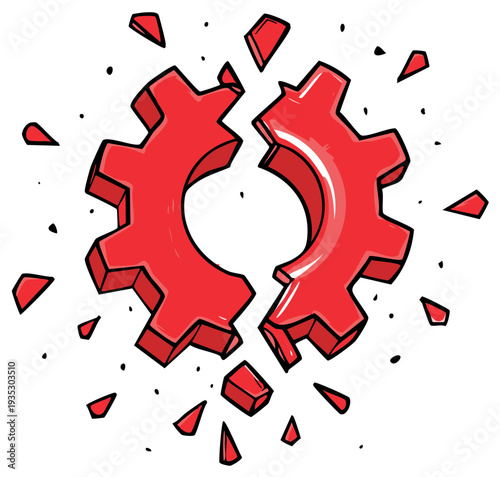 Red Gear Breaking Apart Symbolizing Failure or Malfunction
