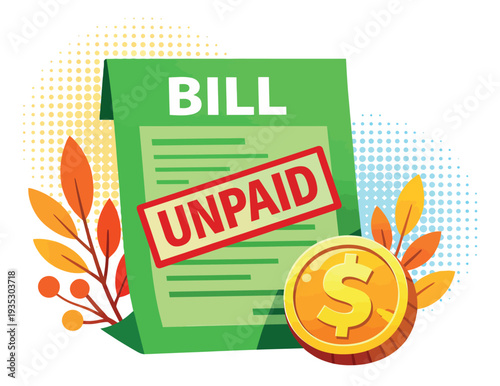 Modern graphic illustration of an unpaid bill depicting financial difficulty and overdue payment for business and personal finance concepts