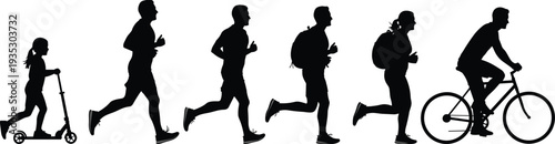 Black silhouettes of people running and riding scooter and bicycle jogging exercising