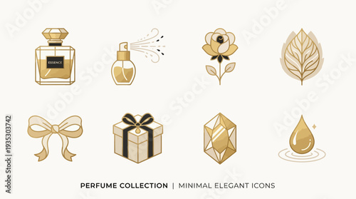 Luxury Beauty and Perfume Icon Set Vector – Gold and Black Illustrations of Perfume Bottle, Spray, Flower, Leaves, Bow, Gift Box, Diamond, Droplet