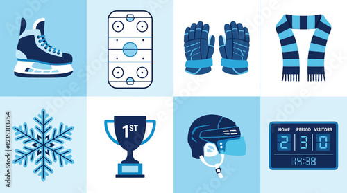 Ice Hockey Essentials Icon Set Vector – Illustrations of Skate, Rink, Gloves, Scarf, Snowflake, Trophy, Helmet, Scoreboard for Sports, Educational, and Creative Projects