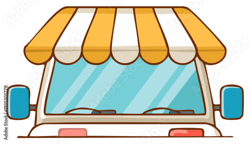 Front view of a cute cartoon food truck with a yellow and white striped awning