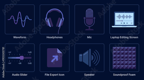 Audio Production Essentials Icon Set Vector – Stylized Purple Illustrations of Waveform, Headphones, Microphone, DAW, Slider, Arrow, Speaker, Acoustic Foam for Creative and Educational Projects