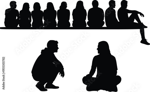 Black silhouettes of people sitting in two rows on white background